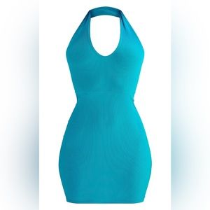 BLUE RIBBED HALTERNECK TIE BODYCON DRESS